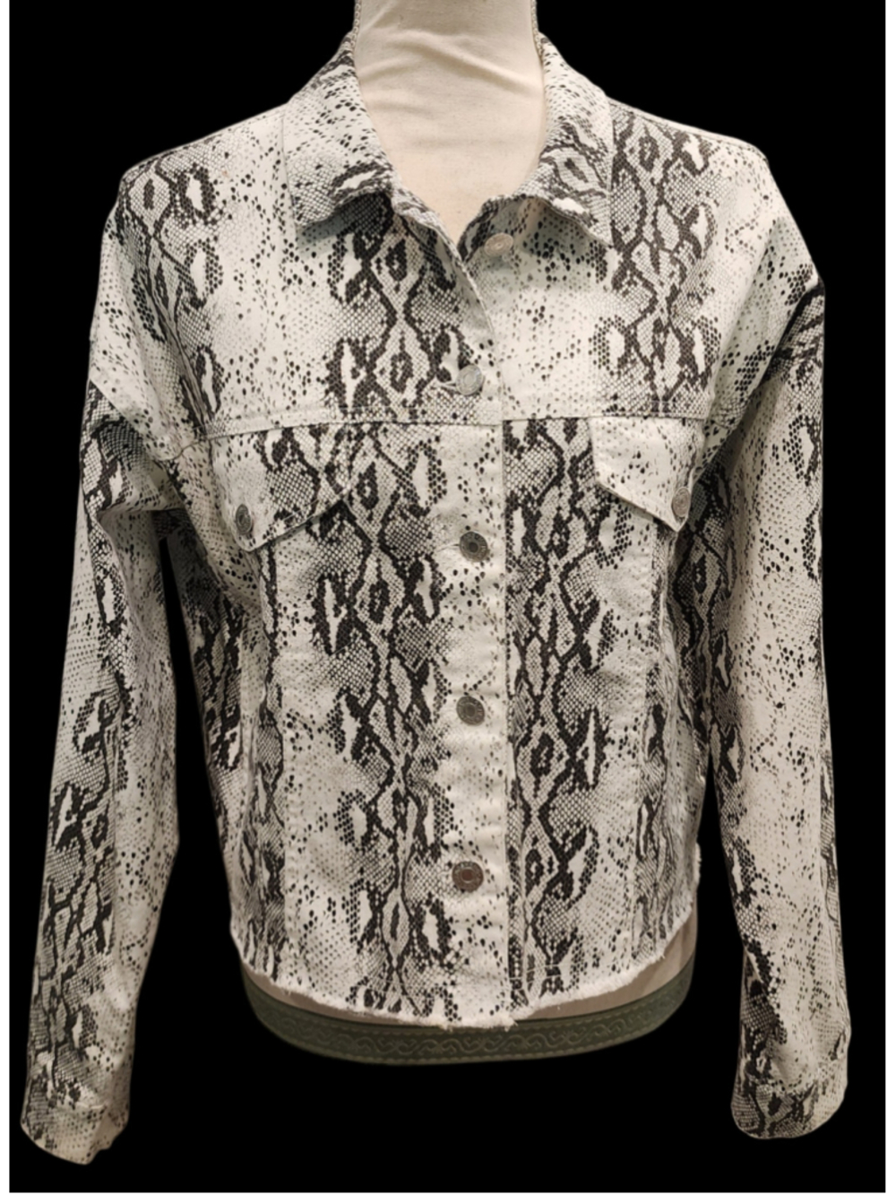 Miss Love White Snakeskin Cropped Denim Jacket M Python Frayed Hem Button Y2K